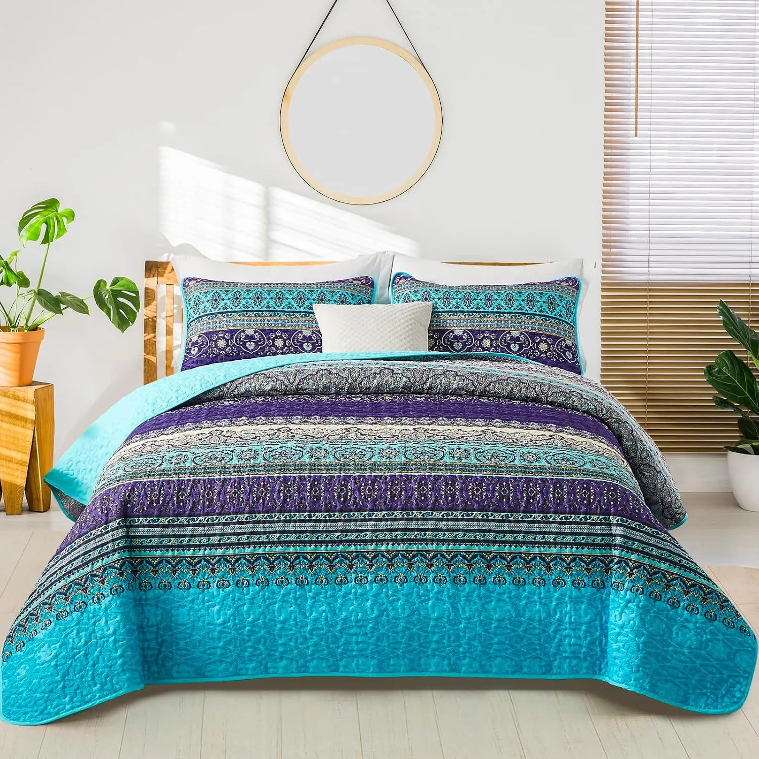 Boho Quilt King Size, Blue Purple Bohemian King Quilt, Lightweight Microfiber Bed Decor Bedspread for All Season 103"x90"(3 Pieces)