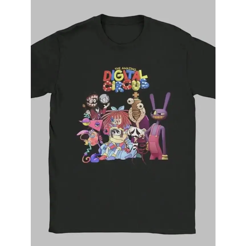 The Amazing Digital Circus Cartoon Print Casual Tee, Plain Round Neck Breathable Sports Top, Unisex Short-Sleeve Streetwear Daily Outfit Crewneck Menswear
