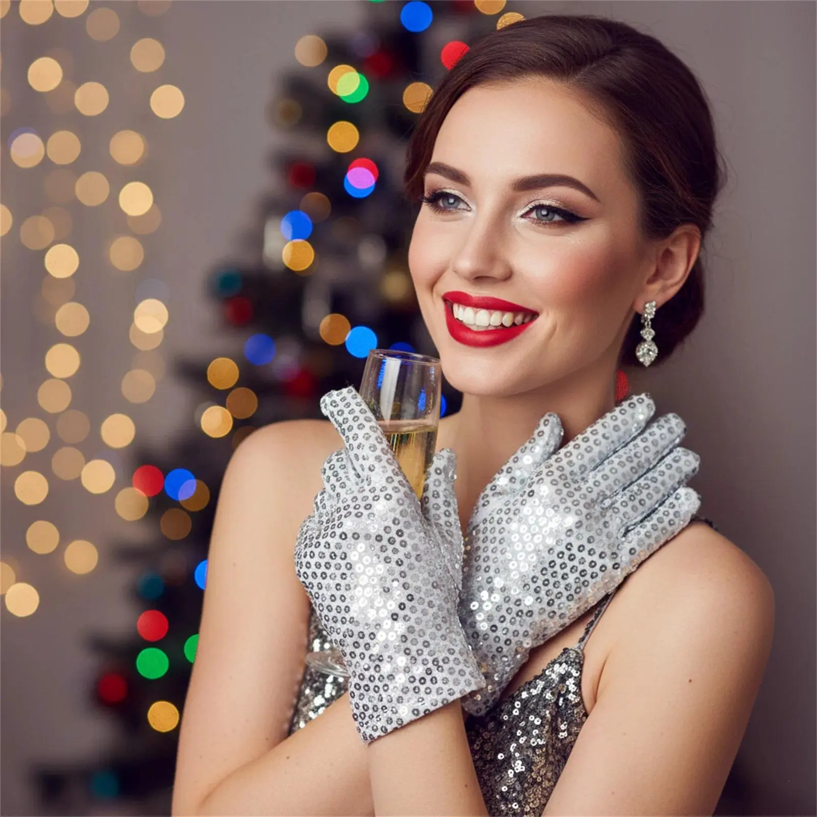 Silver Glitter Mesh Gloves Dance Costume Accessories for Women Party Performance Fashion Handwear