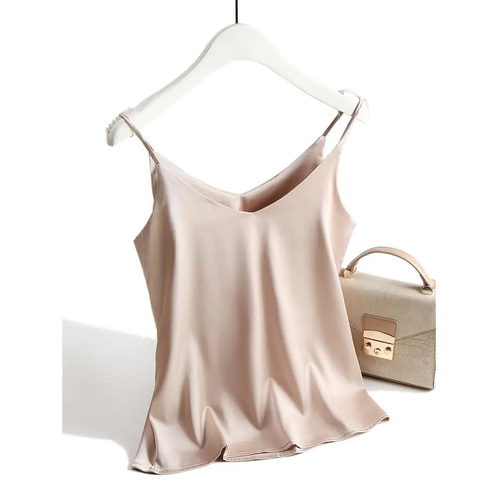 2026 Spaghetti Strap Top Women Halter V Neck Basic White Cami Sleeveless Satin Silk Tank Tops Women'S Summer Camisole