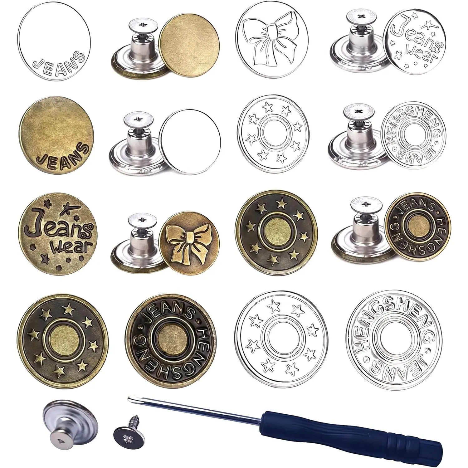 32 Sets No-Sew Jeans Buttons  - 0.7inch/0.8inch Removable Metal Rivets with Screwdrivers, Heavy-Duty Clothing Repair Kit for Pants/Jackets (Women & Men)