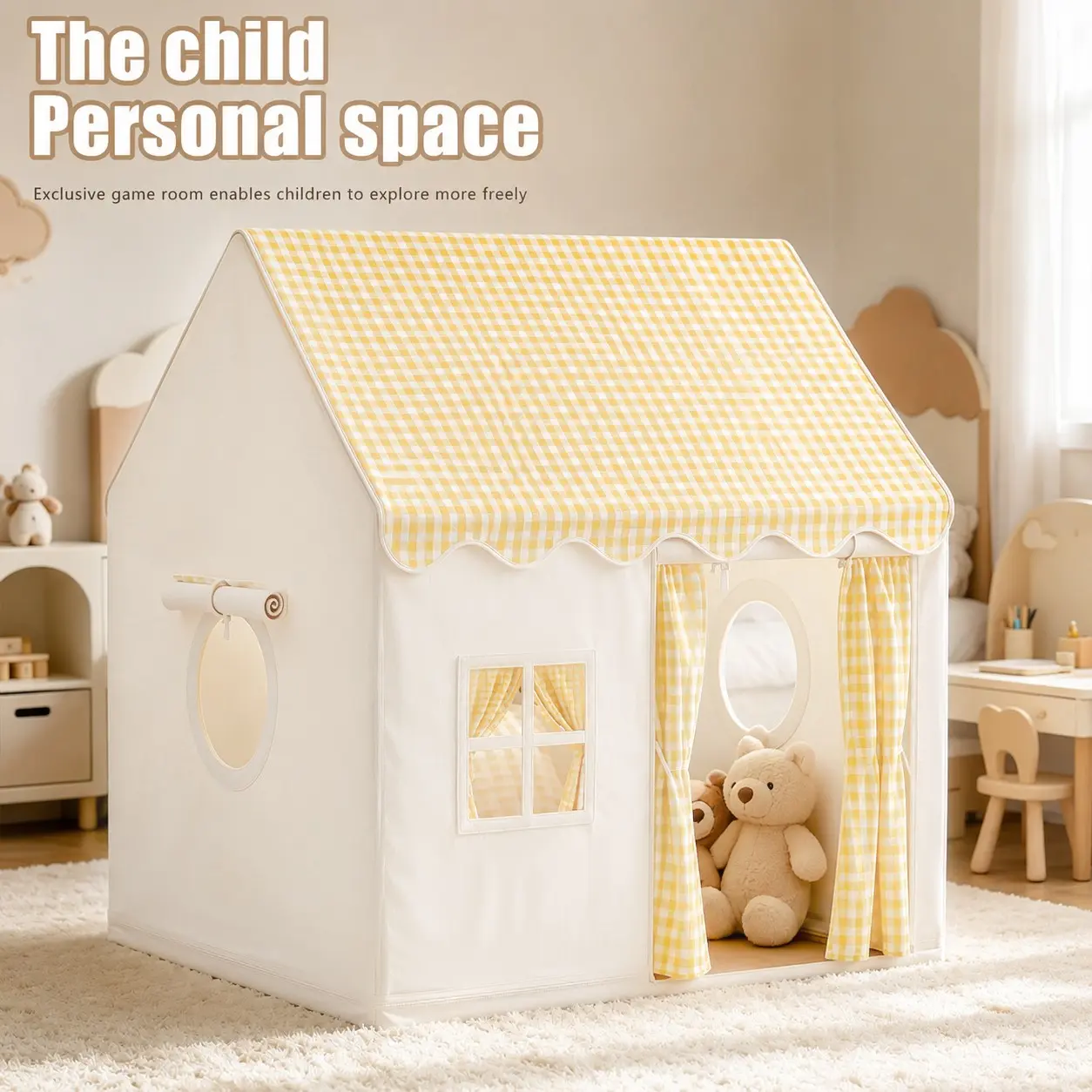 Kids Playhouse Tent with Round Grid Windows, Checked Side Windows, Portable Play Tent for Imaginative Play, Fun Outdoor Activity Center