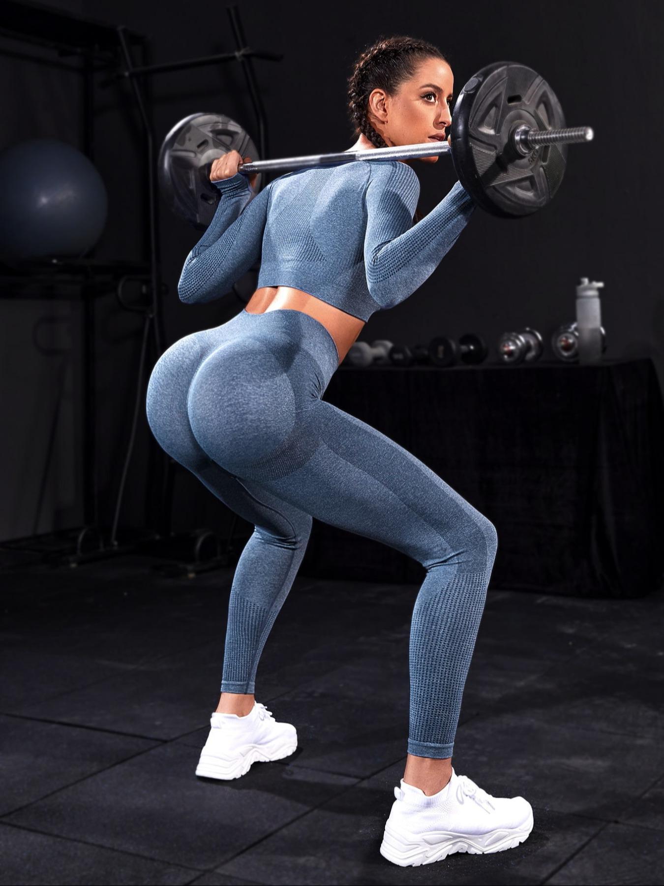 Two-piece Set Sporty Women's Plain Round Neck Crop Top & Ruched High Waist Leggings Tracksuit Set, Comfy Breathable Two-piece Outfits for Yoga Gym Running, Ladies Sportswear for All Seasons, Activewear, Athletic Wear, Gym Clothes Workout