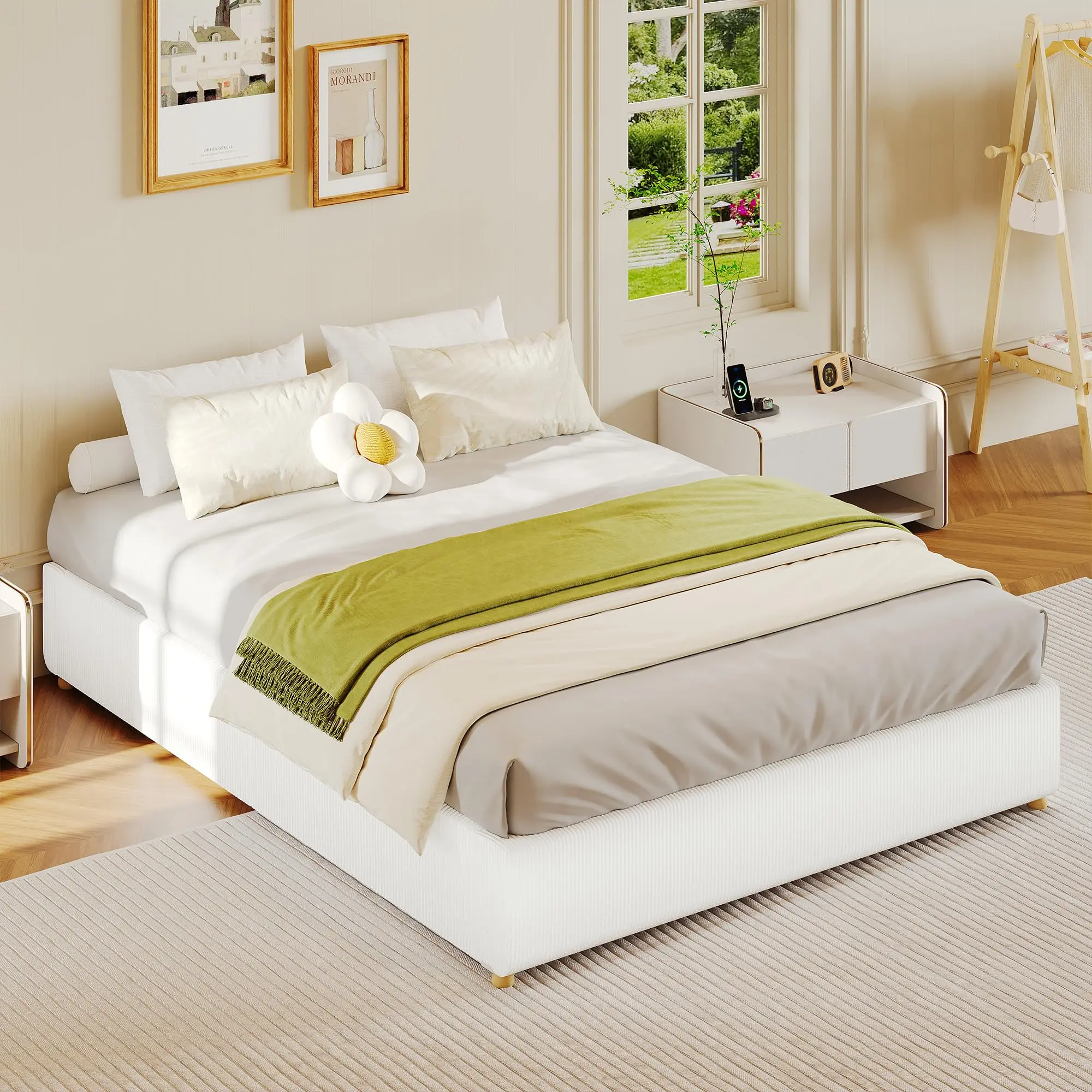 Queen Size Cloud Bed Frame Bed Frame, Cloud Boucle Upholstered Platform Bed Frame without Headboard, Modern Soft Low Bed Frame with Wood Slat Support, No Box Spring Needed, Easy Assembly