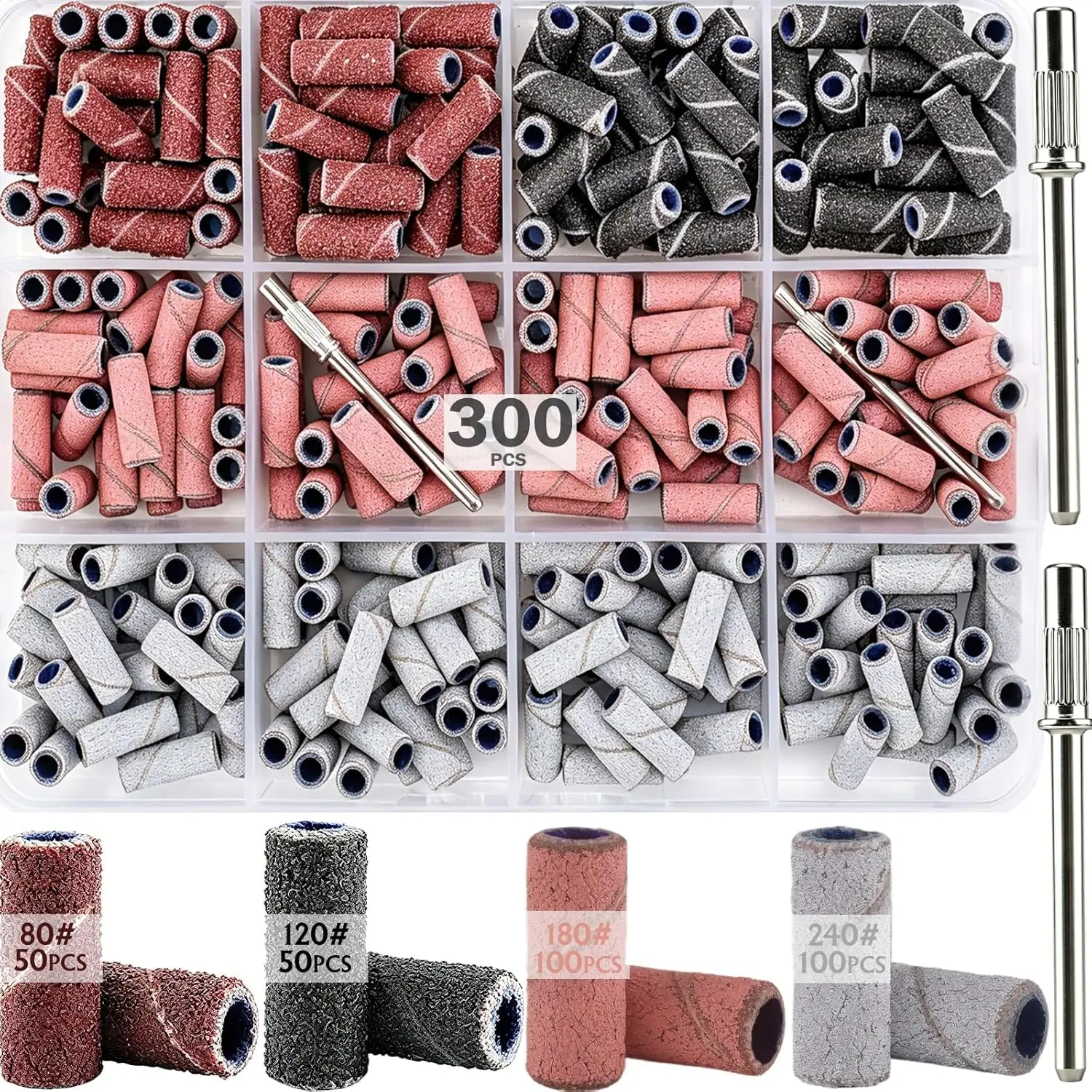 AROIC 300 count  Drill Bits Sanding Bands with 2 count 3.1mm Mandrel Bit Set | 80/120/180/240 Grit File Sand Bands for  Drill, Mini Sanding Bands for  Nails Gel Manicure Pedicure Removing