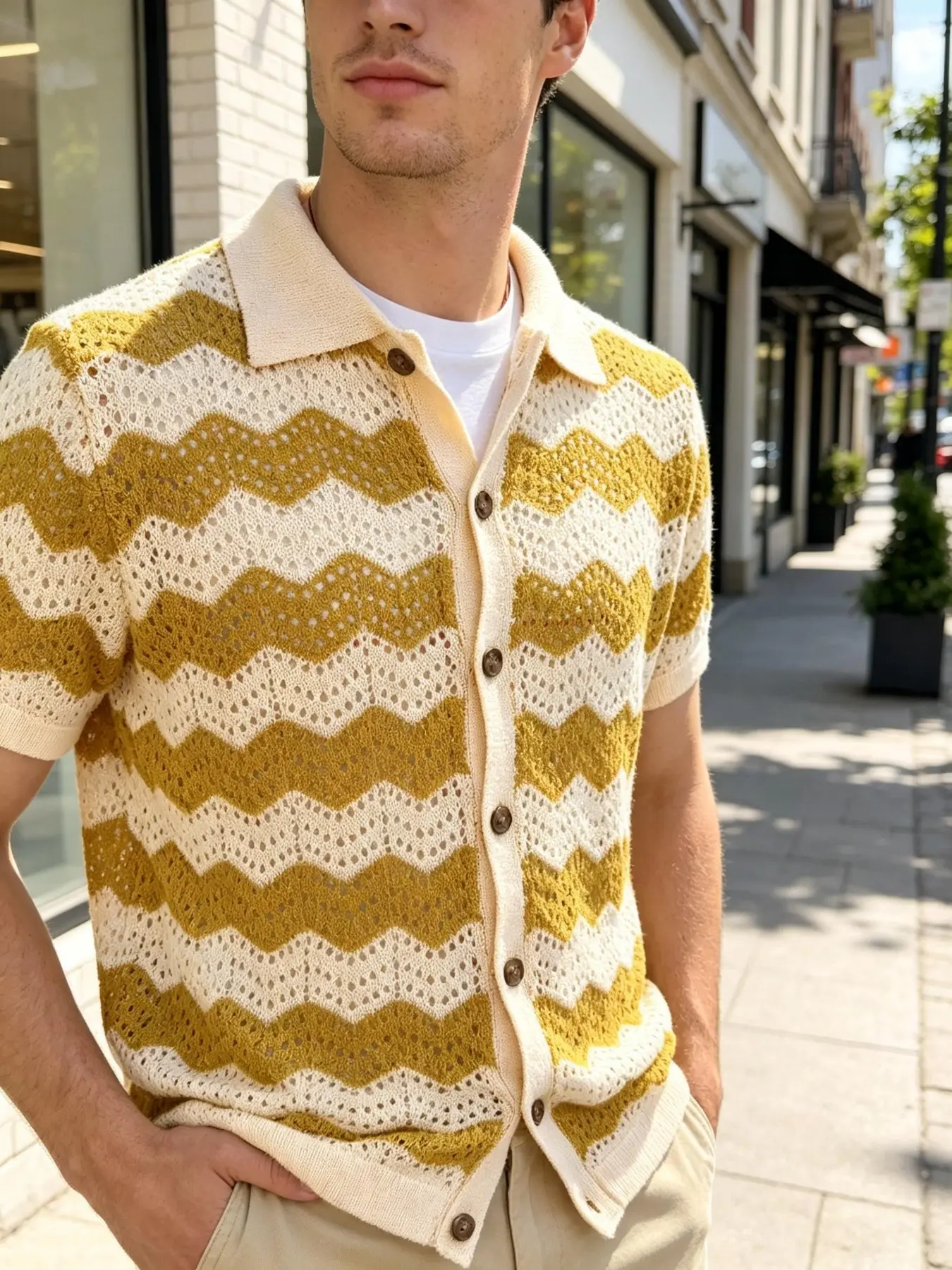 Men's Wave Pattern Hollow Out Knit Short Sleeve Cardigan, Vintage American Style Casual Polo Shirt, Breathable Mesh, Wooden Buttons, Beach & Daily Wear