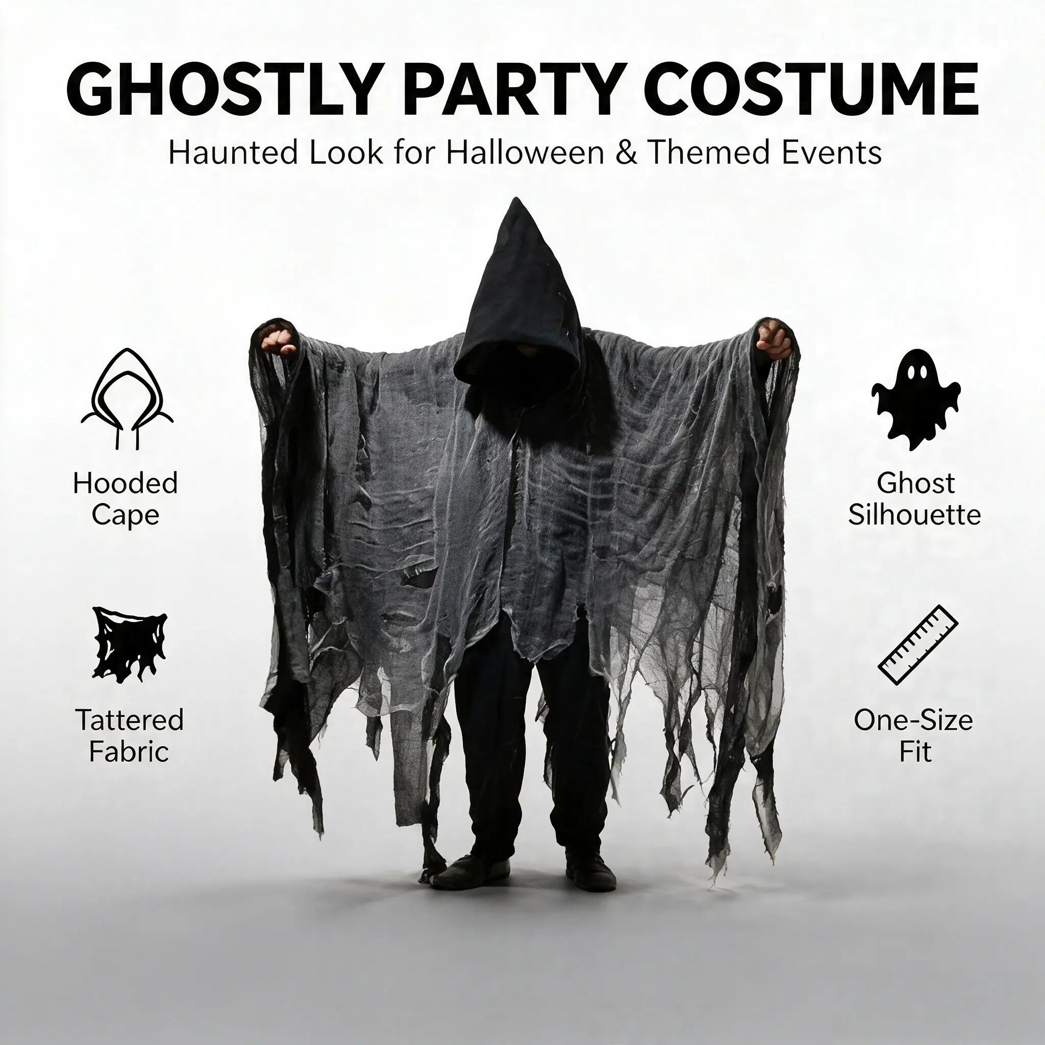 Tattered Grim Reaper Cloak with Realistic Look, Zombie Skeleton Costume Accessories for Adults & Kids Halloween Party, Clothes, Cape Costume, Full Length, Hooded Cape