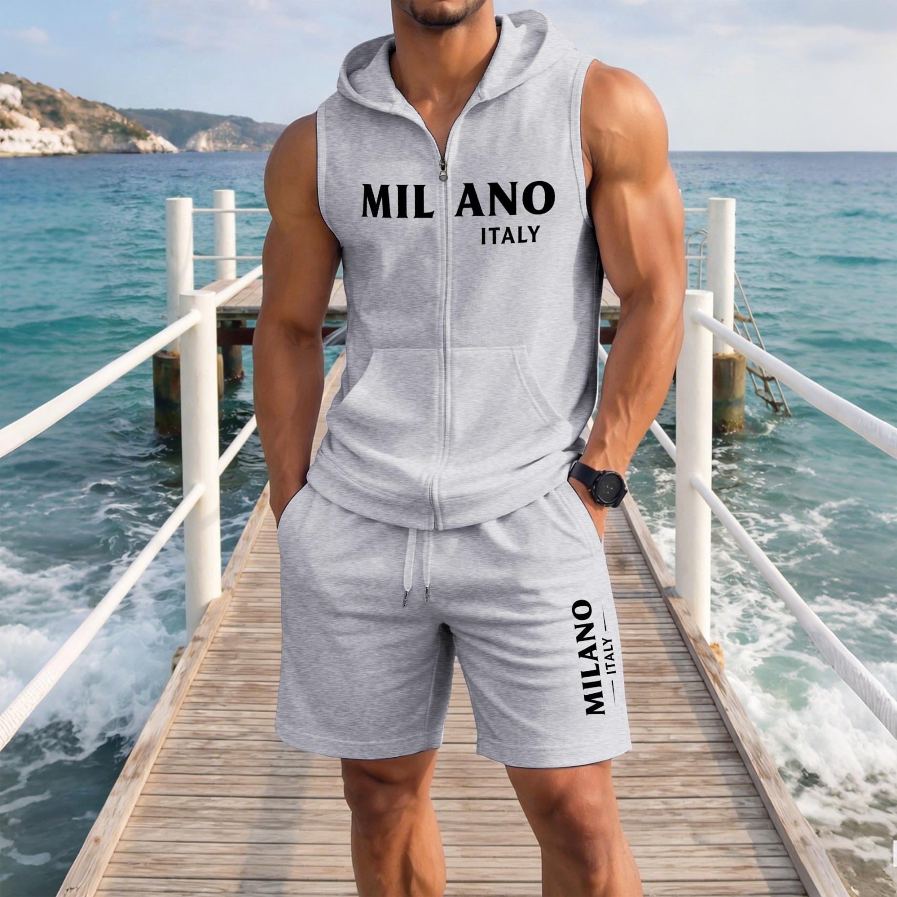 Men's Milano Italy Graphic Sleeveless Hoodie Shorts Set 2 Piece Outfit Milano Letter Print Zip Up Hooded Vest Drawstring Shorts Summer Casual Gym Workout Streetwear Breathable Lightweight Athletic Lounge Set