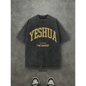 Vintage Yeshua "He Saves" Christian T‑Shirt, Gold Varsity Letter Washed Black Cotton Oversized Short Sleeve Tee, Retro Faith‑Based Casual Crewneck Shirt