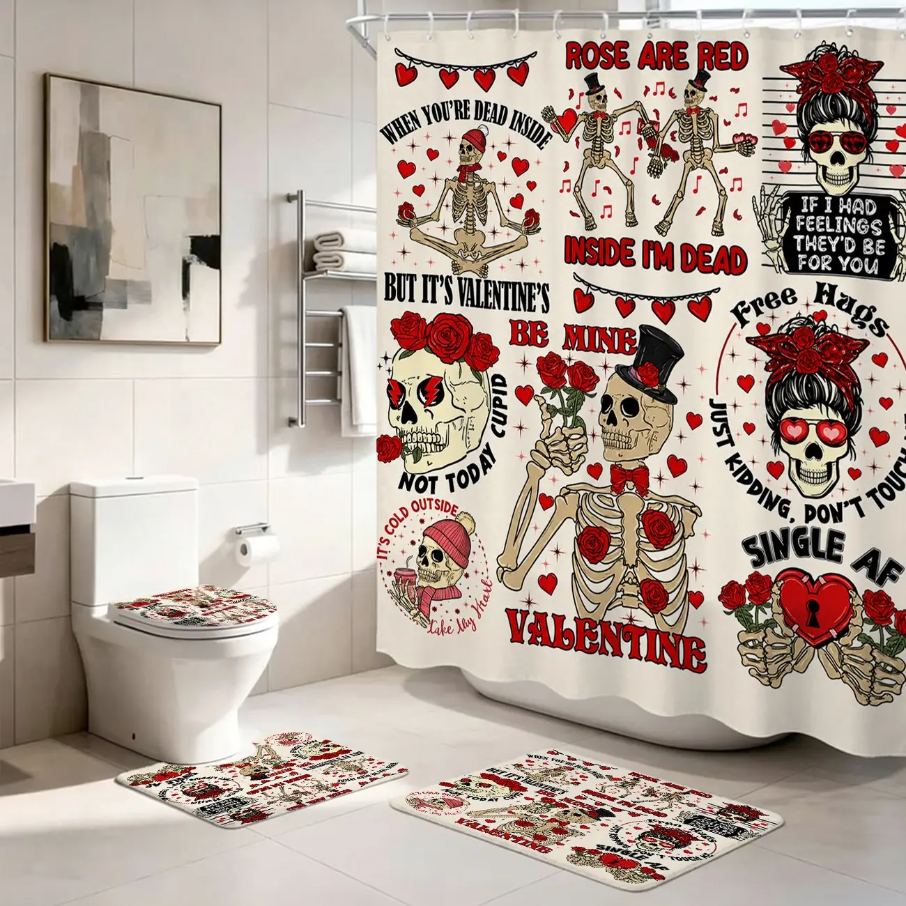 4 Piece Valentine Skeleton Shower Curtain Set with Bath Mat, Toilet Lid Cover, U-Shaped Rug and 12 Hooks, Red Rose Heart Funny Gothic Bathroom Decor, 71 x 71 in