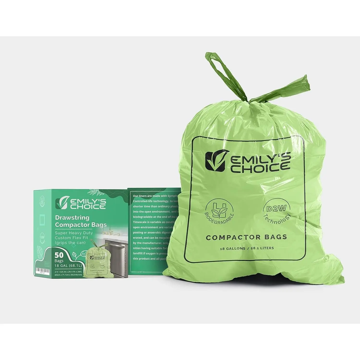 Super Heavy Duty Trash Compactor Bags (50 count) with D2W Technology, Custom Flex Fit, 68.1L / 18 Gallons, ATSM 6954, 2.0 Mil / 50.1 Micron Thickness