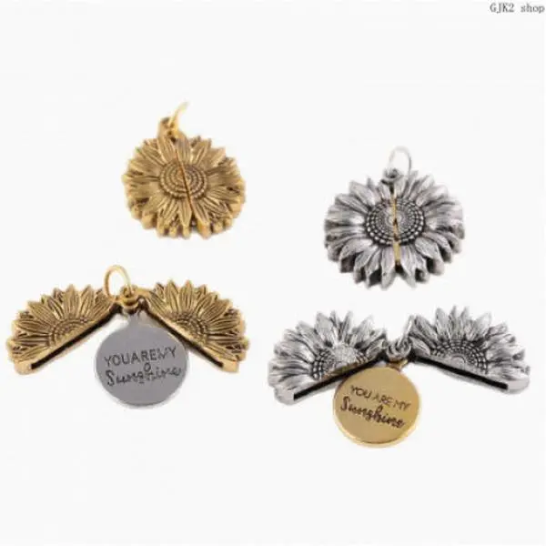 Vintage Sunflower Pendant Charm, Foldable Antique Alloy Locket with Engraved Message, Romantic Gift Item for DIY Jewelry Making, Flower Shape