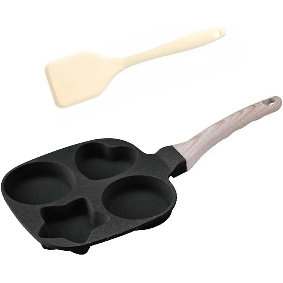 Nonstick 4-Cup Divided Grill Skillet,Equipped with a  spatula,  Granite Egg Frying Pan with Anti-scald Handle, Breakfast Skillet for Eggs, Pancakes, Bacon (Black)