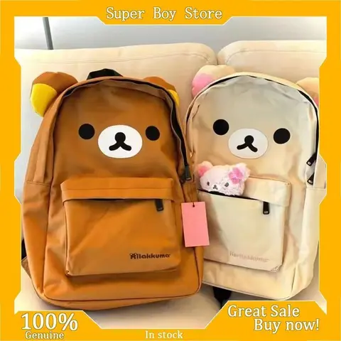 Kawaii Rilakkuma & Korilakkuma Graphic Embroidery Water Resistant Nylon Cute Backpack - Large-Capacity Prop 65 Safe Elementary School Bag, Home Organizer Storage Bag