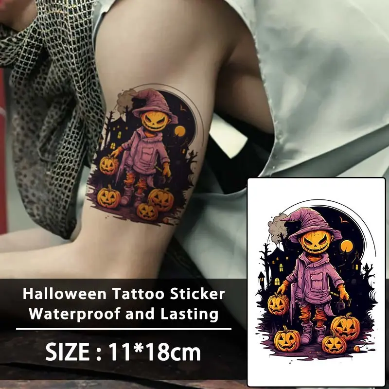 Halloween Pumpkin Head Temporary Tattoo Stickers, Colorful Cartoon Party Elements, Waterproof, Reusable, for Face, Arms, Legs, Chest, Back