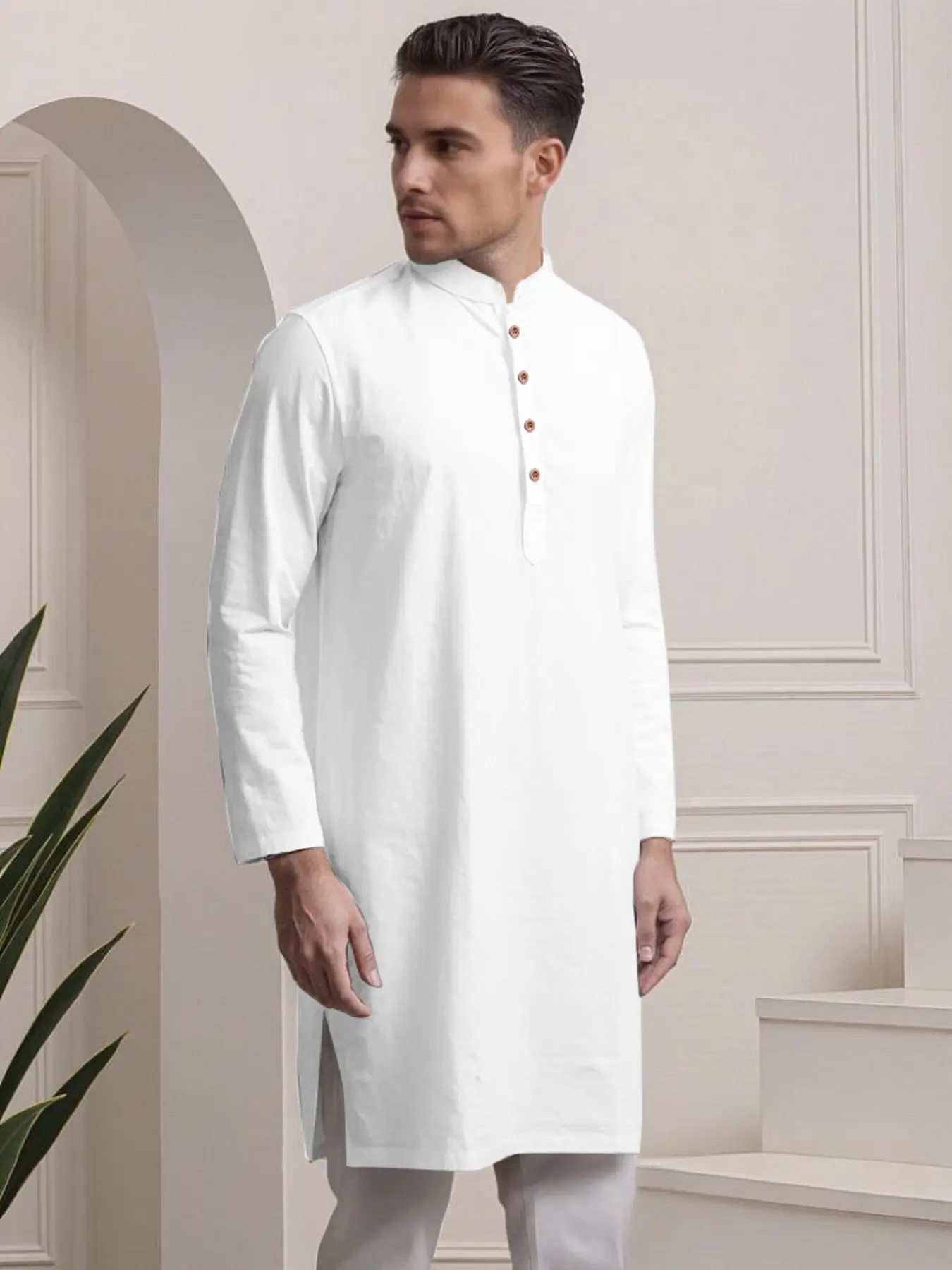 Men's Fashion Casual Solid Color Long Robe, Medium-Length Stand Collar Top, Suitable for Outdoor Wear, Traditional Clothing