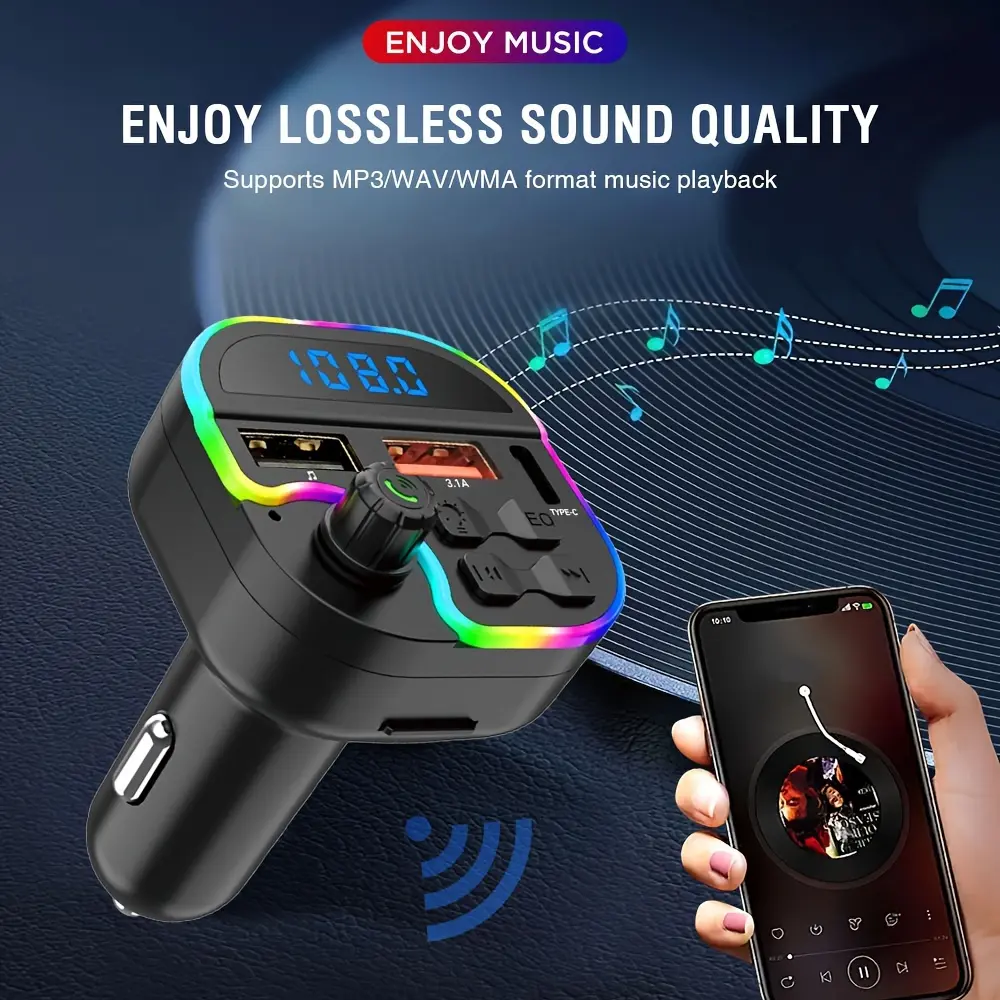 M53 General 87.5-108MHz Bluetooth FM Transmitter, Wireless Car MP3 Player (1 Piece), 5V3A Dual USB with Type-C Port Car Charger, TF Card Support, Color Ambient Lighting Multimedia Device, 1 Piece Product Manual