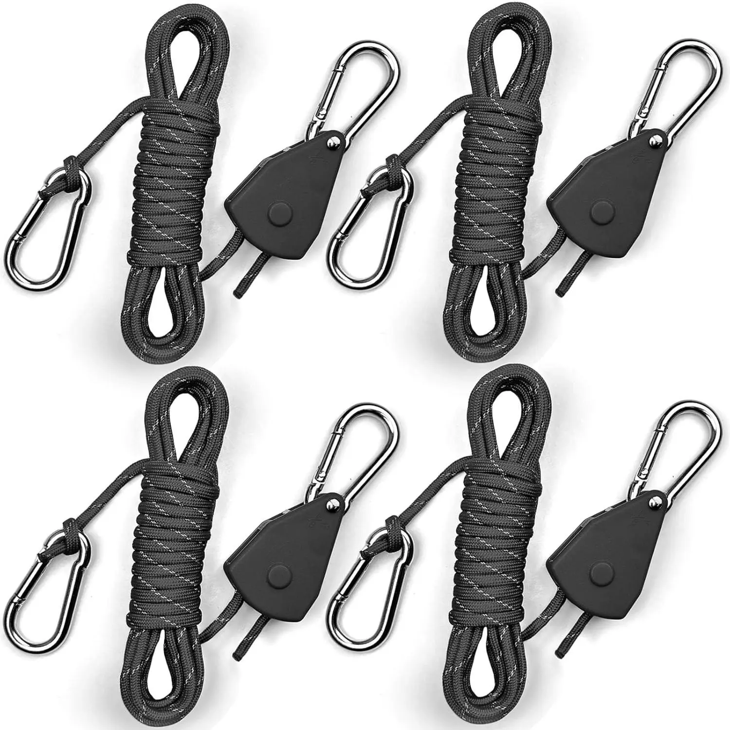 Women's Reflective Paracord Ratchet Tie Down Straps (4-Pack, 15ft x 1/8in) - Portable Adjustable Ropes for Camping Tent Tarp Tie Downs, Grow Plant Light Hangers