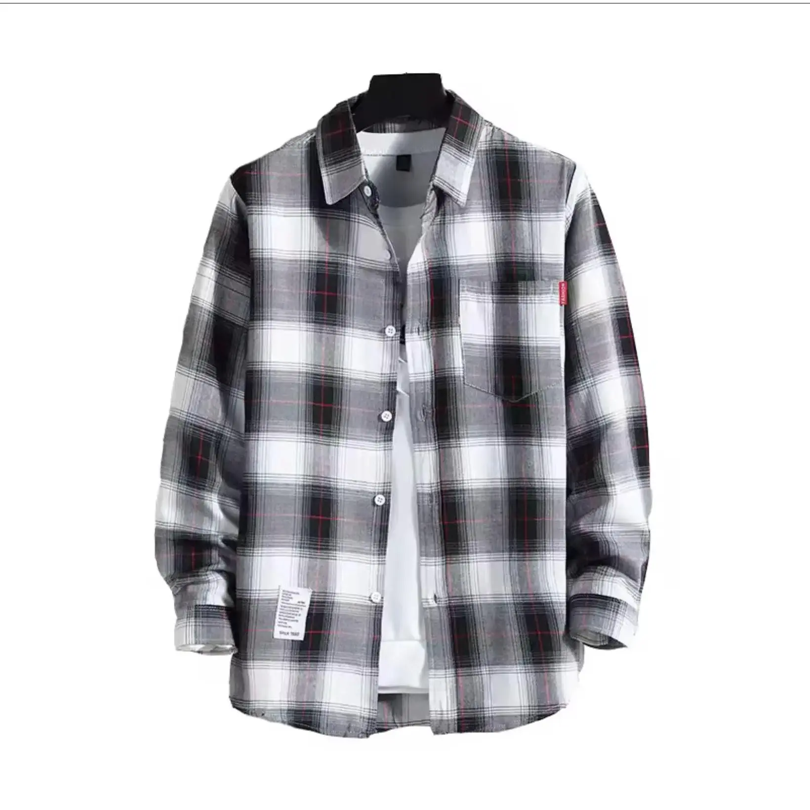 Men's Black & White Plaid Button-Up Flannel Shirt with Pocket - Medium Size Classic Design for Casual Outings Menswear Stylish