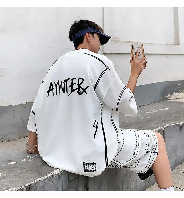 Summer Elegant Fashion Harajuku Slim Fit Ropa Hombre Loose Casual All Match Sports Suit Ice Shreds Short Sleeve Two Piece Set