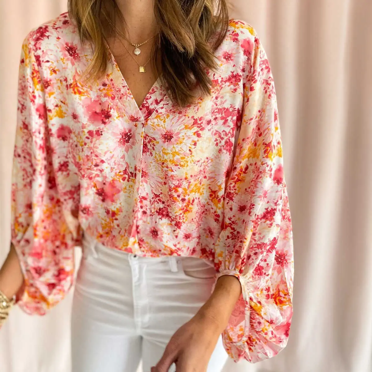 Pink Ditsy Floral Bubble Sleeve V Neck Blouse