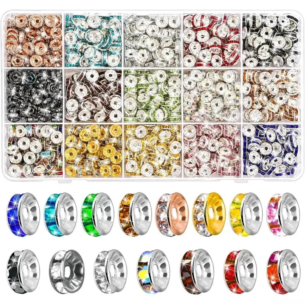 900 Pieces High-Quality Material Rondelle Rhinestone Spacer Beads, 8mm Lightweight Metal Crystal Charms in 15 Bright Colors for DIY Crafts, Bag Accessories & Handmade Jewelry Making