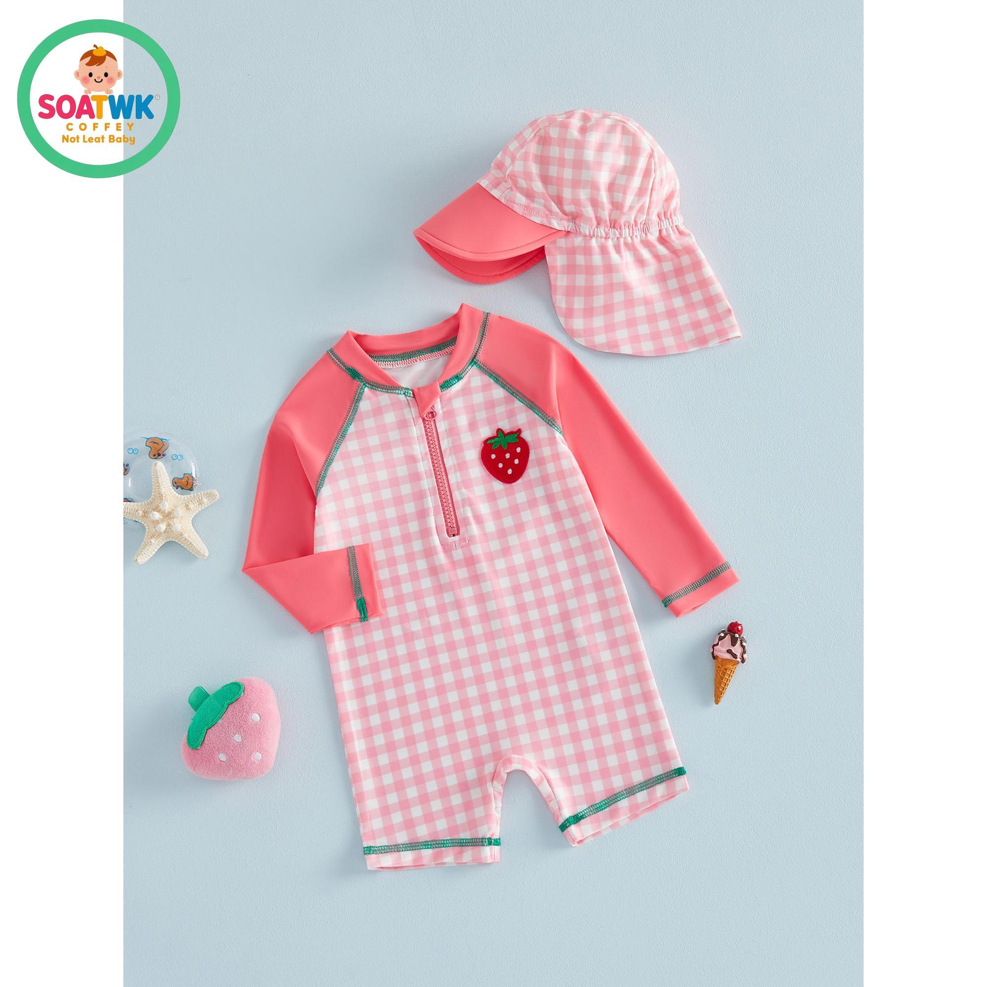 Toddler Girls Rash Guard Swimsuit Playsuits Strawberry Embroidery Plaid Print Long Sleeve Baby Bathing Suit with Sun Hat