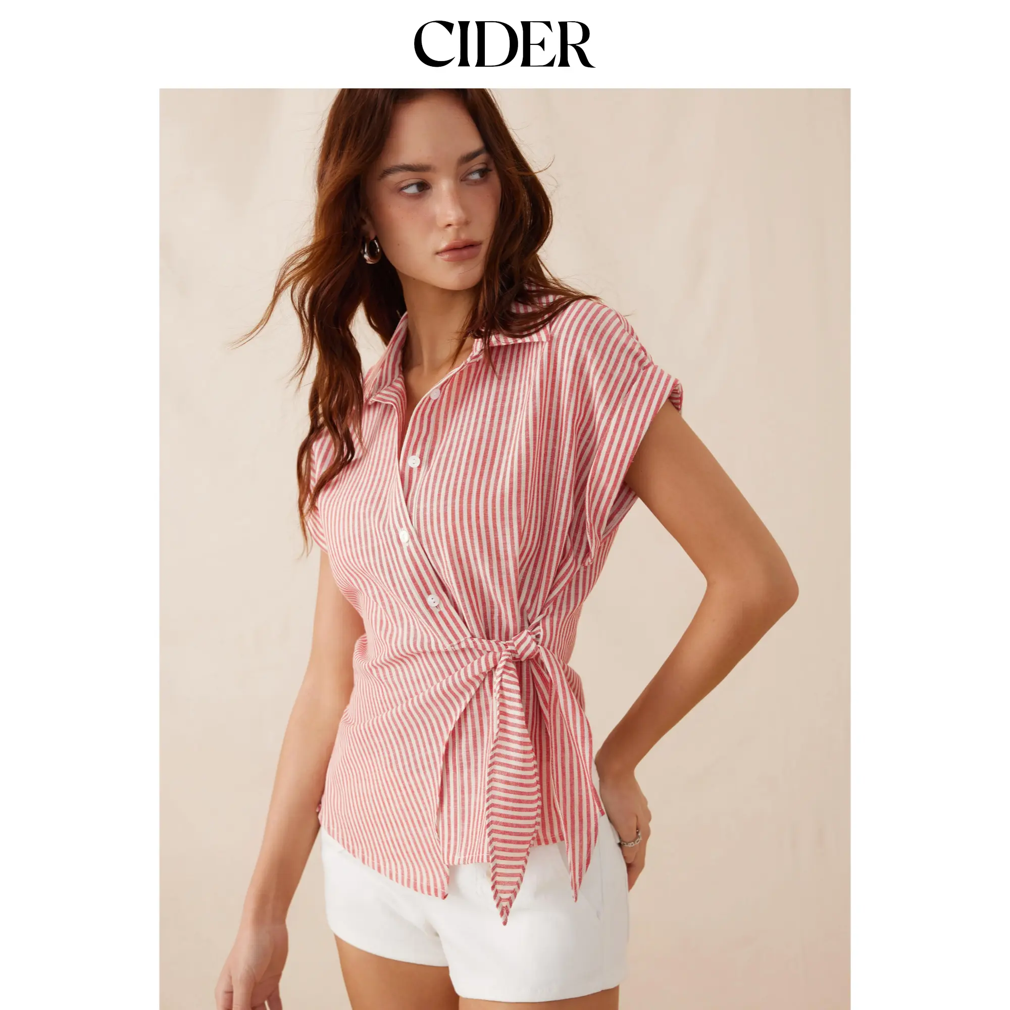 Cider Linen-blend Stripes Asymmetrical Tie-front Blouse
