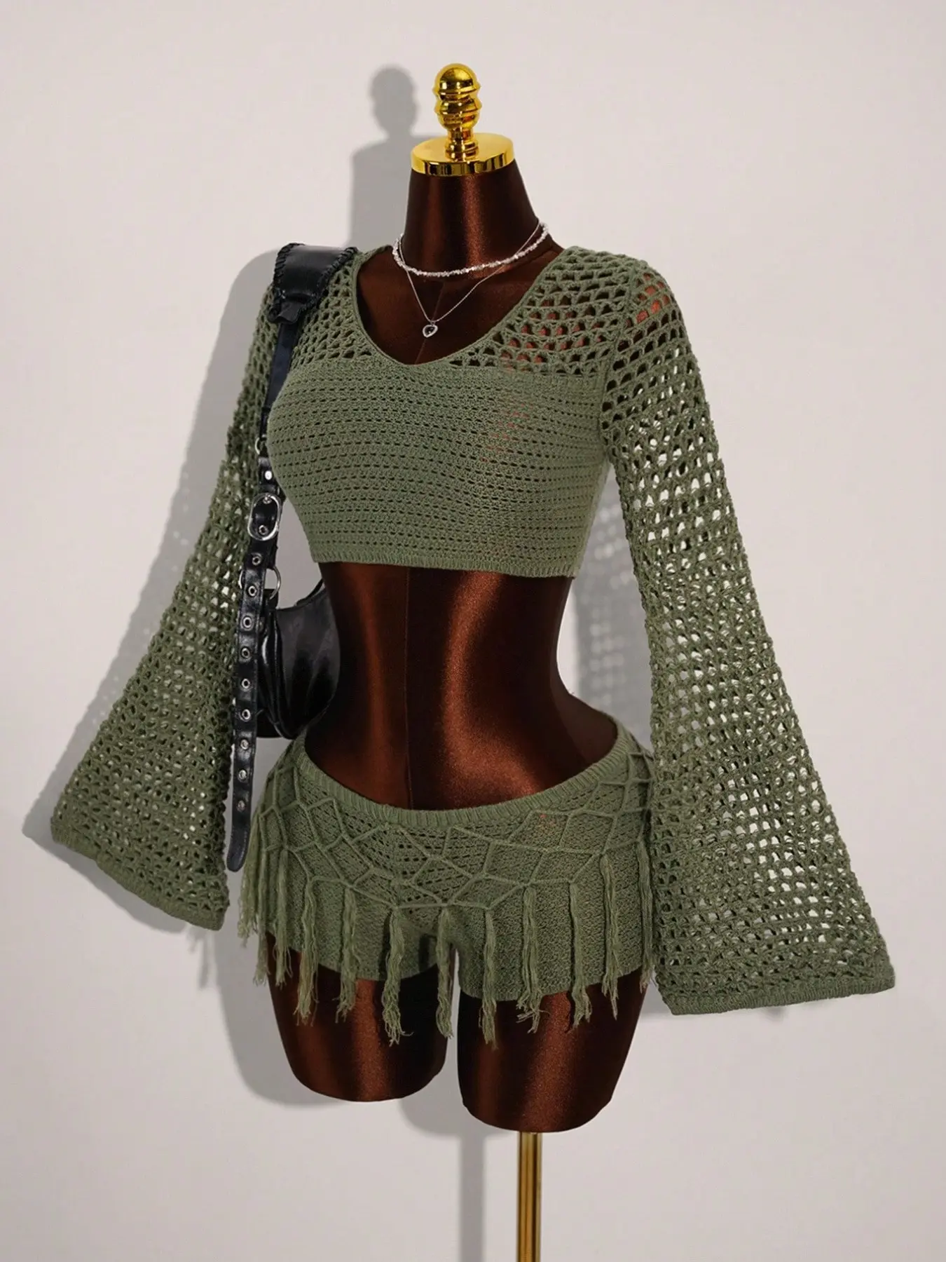 Olive Crochet Two-Piece Summer Boho Bell Sleeve Tie Crop Top & Fringe Mini Skirt Set for Beach Outfits Set & Festival