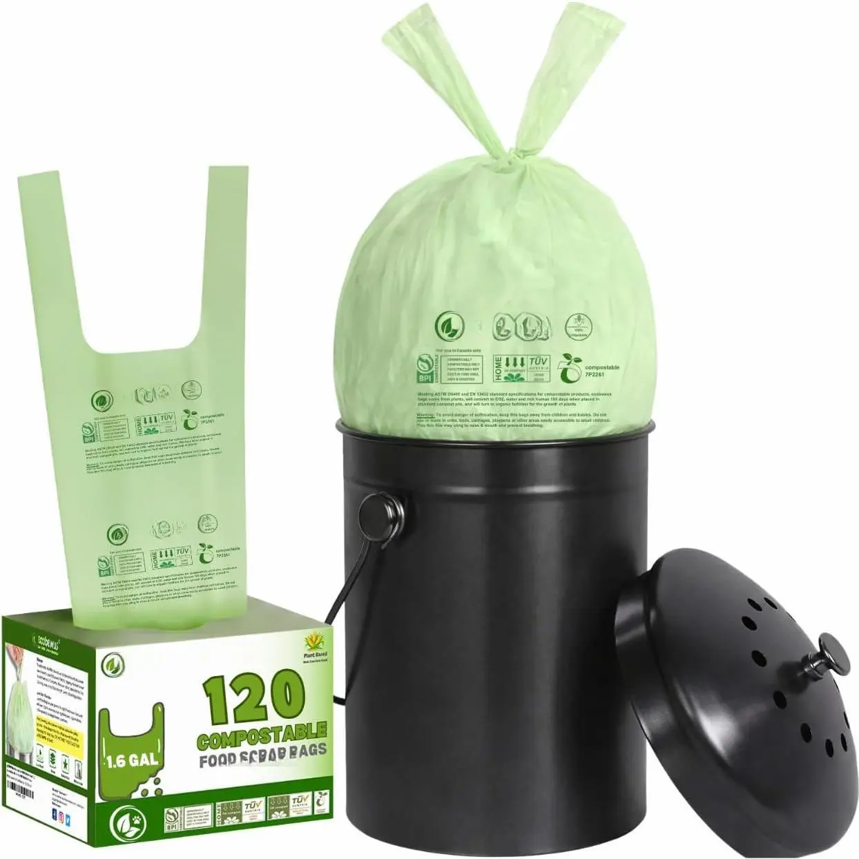 1.6 Gallon  Compostable  Scrap Bags Handle Tie (120 Bags) Small Trash Bags Kitchen Garbage Bags  BPI Certified TUV OK Compost  Certified Meeting ASTM D6400 (120 ct.)