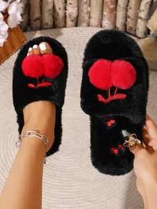 Women's Soft Plush Cherry Slippers, Cute 3D Pom Poms, Loose Open-Toe Design, Cozy Home Footwear, Three Colors Available, Comfortable Fit