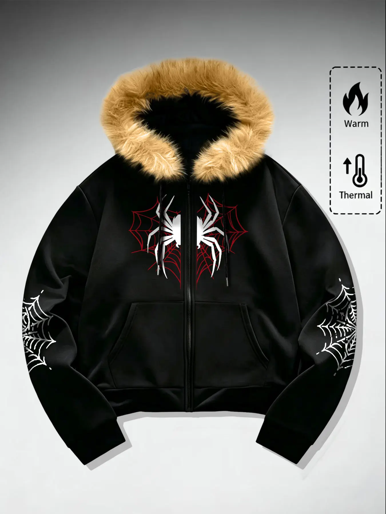 Men's Autumn Winter Fashion Hooded Fur Collar Jacket Coats, Portable Streetwear Street Style Fur Collar, Dark Spider Web Pattern, Daily Wear Menswear