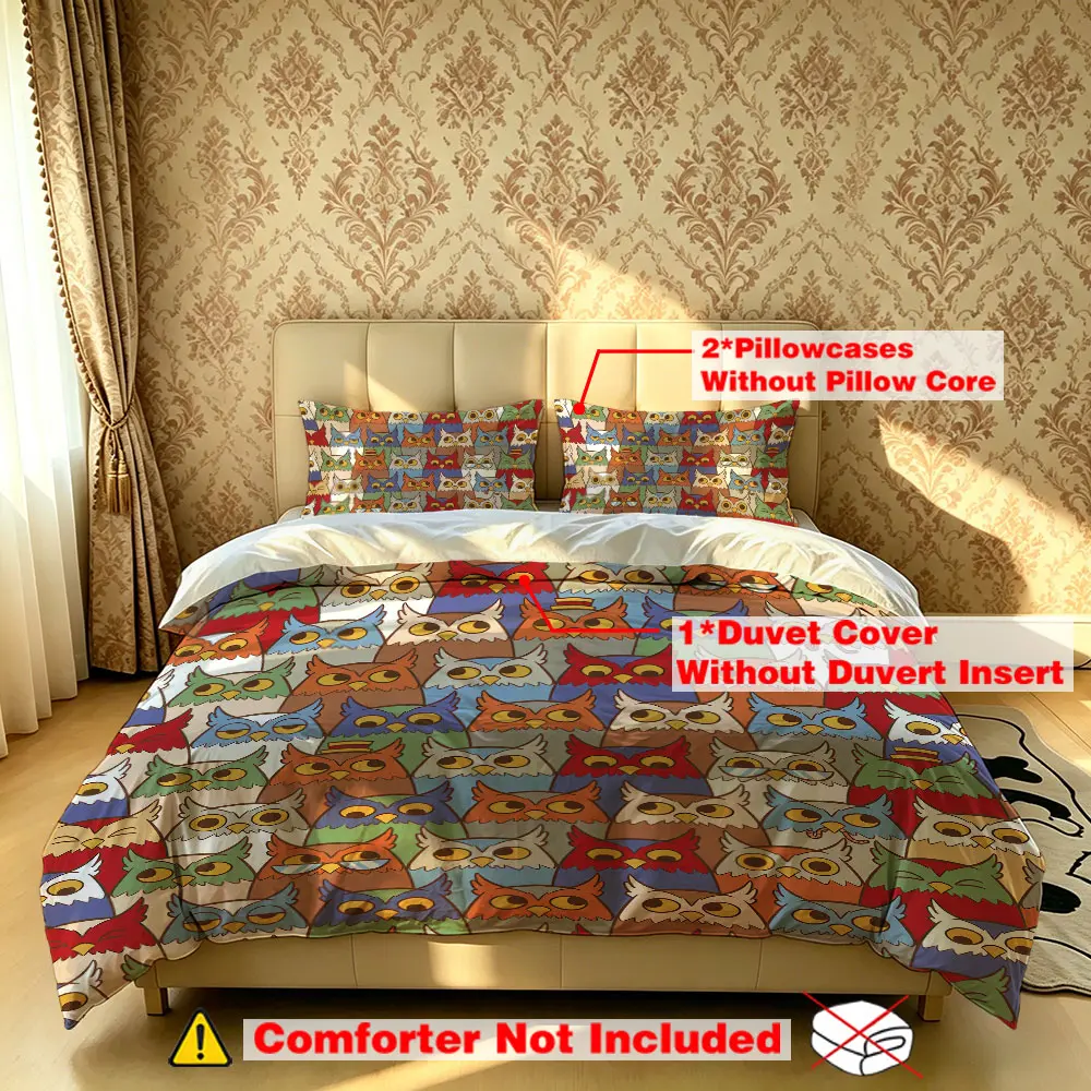 The 3-piece colorful owl-patterned bedding set includes one quilt cover and two pillowcases, without filling. It's soft and comfortable, suitable for single beds and double beds, and ideal for bedrooms, dormitories, and hotels.