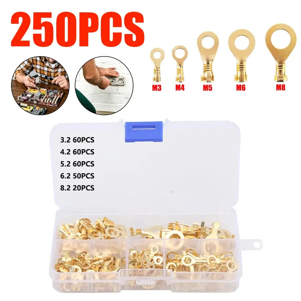 250pcs Boxed Open Bucket Copper Terminals, Non-Insulated Ring Bare Terminal Crimp Connector, M3-M10 Circular O-Shaped Wire Connectors