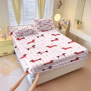 3Pcs Cartoon Outfit Dachshund Fitted Sheet Set, Multi-style Adorable Pet Dog Trendy Print, Soft Skin-friendly Fabric Machine Washable, Snug Fit No Shifting, Builds Warm Healing Bedroom Vibe For Pet Lovers