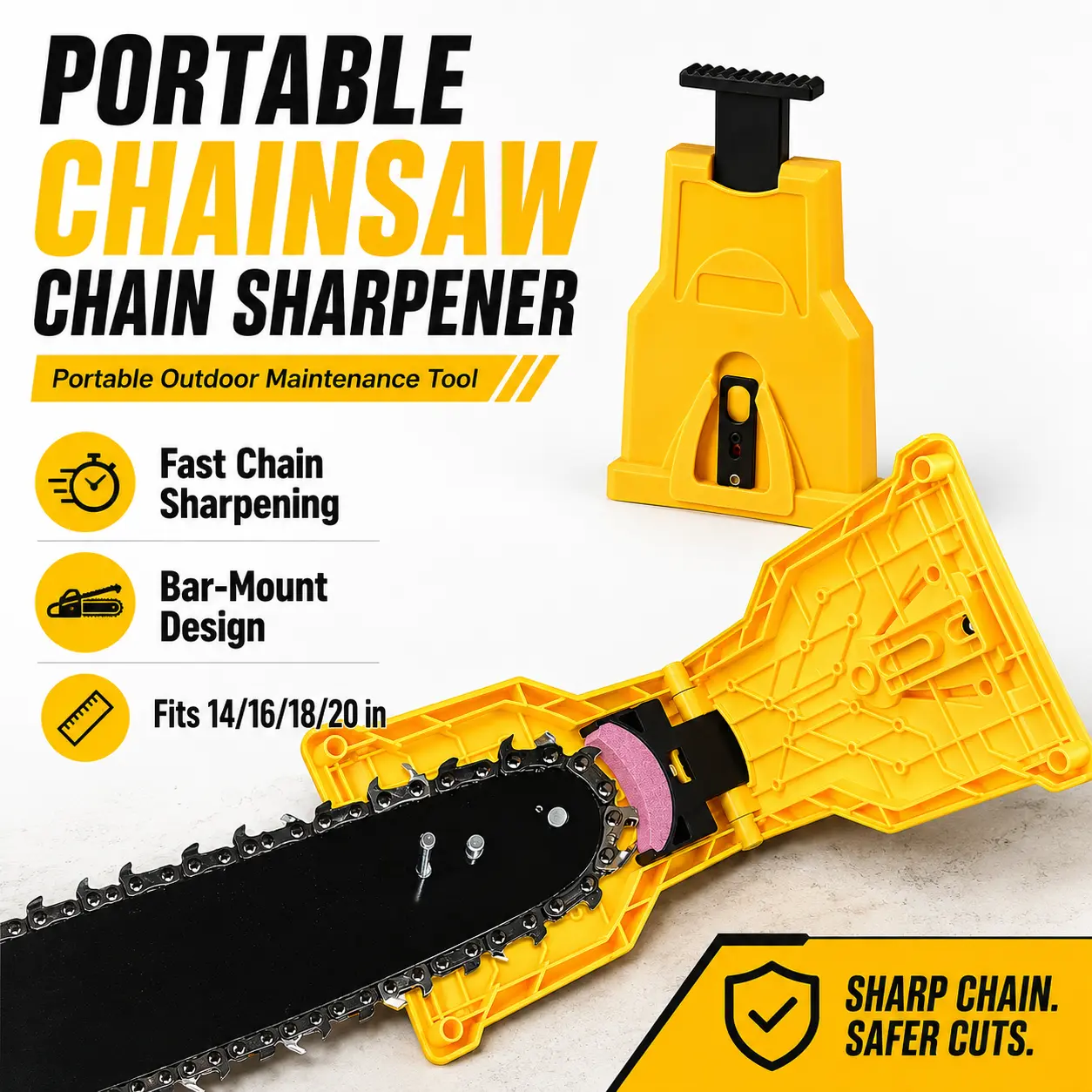 Portable Chainsaw Chain Sharpener with Bar-Mount Design, Fast Tooth Sharpening Tool Compatible with 14, 16, 18 and 20-Inch Two-Hole Chainsaw Guide Bars for Outdoor Cutting Maintenance