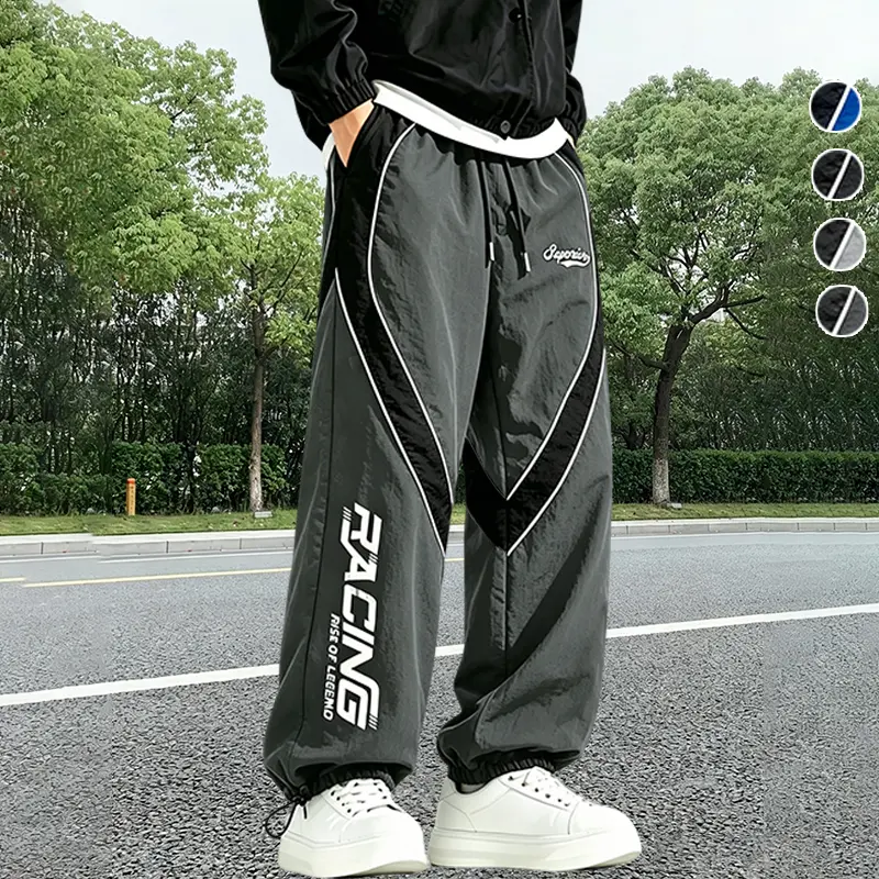 American high street racing pants for men in summer, thin, quick drying straight leg wide leg pants with patchwork stripes, casual charging pants, trendy