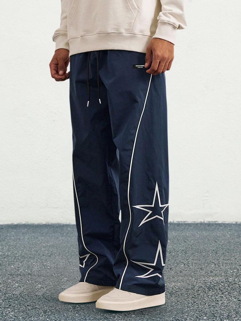 Men's Loose Star Print Drawstring Waist Wide Leg Pants, Casual Pocket Trousers, Casual Streetwear Trousers for Daily Wear, Woven Bottoms for All Seasons, National Day Offers