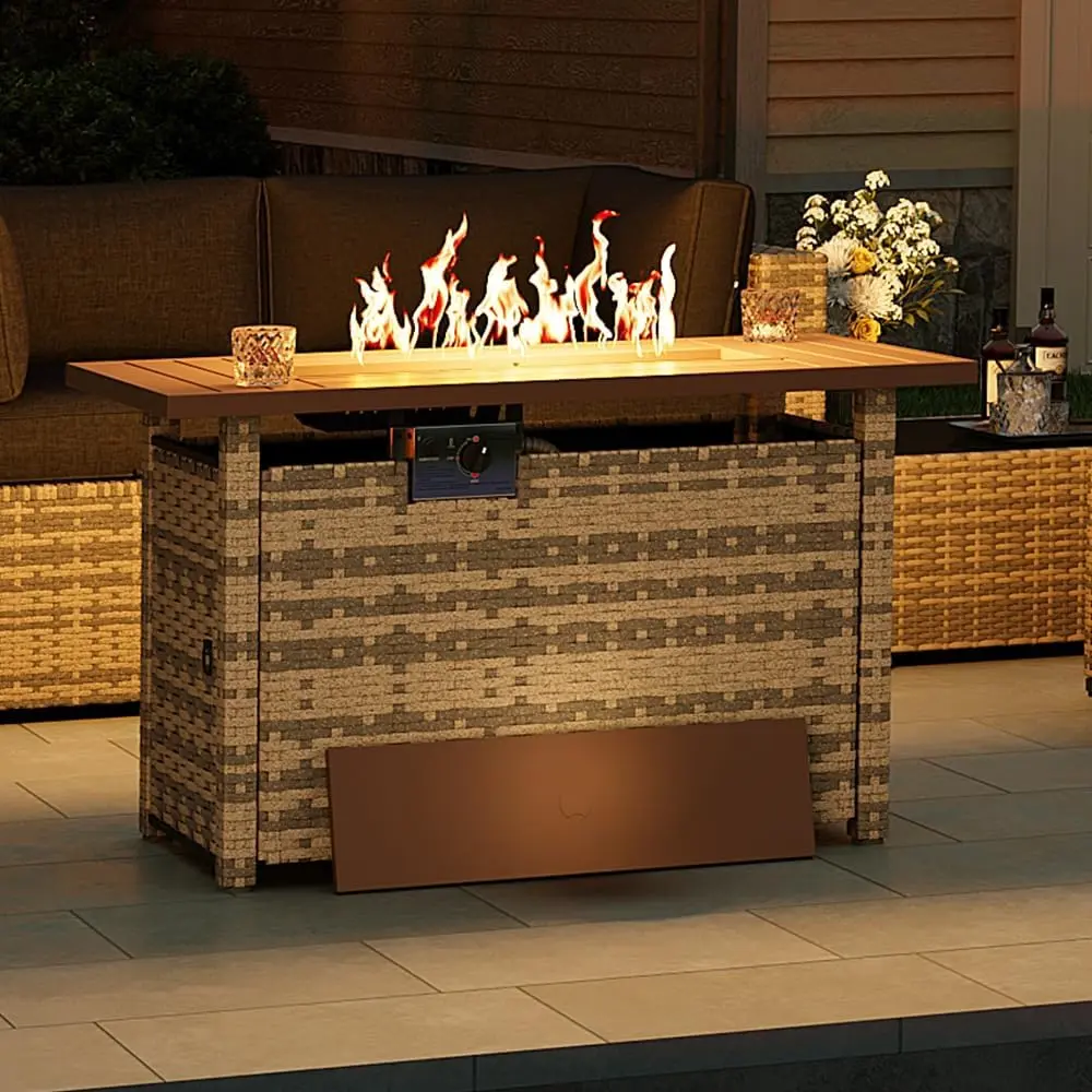 Aoxun Wicker Outdoor Patio Furniture Set with 44'' Fire Pit Table - 50,000 BTU Power, Propane Gas Flame, Ample Heat, Easy to Use, Included Lid, Rustic Look (Yellow)