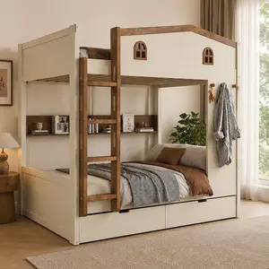 ARCH Furniture Full over Full Bunk Bed with Storage Drawers and Shelves, Solid Wood Construction with Hooks, No Box Spring Needed, Beige and Natural, MDF Pine Plywood, for Kids Teens Adults Bedroom