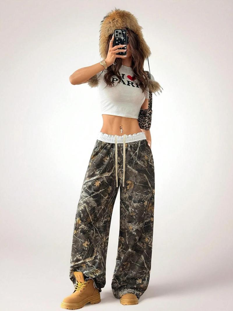 Unisex's Camo Print Sweatpants, Casual Streetwear Trousers for Daily Wear, Casual Chic Bottoms, Unisex Bottoms for Fall & Winter, Women