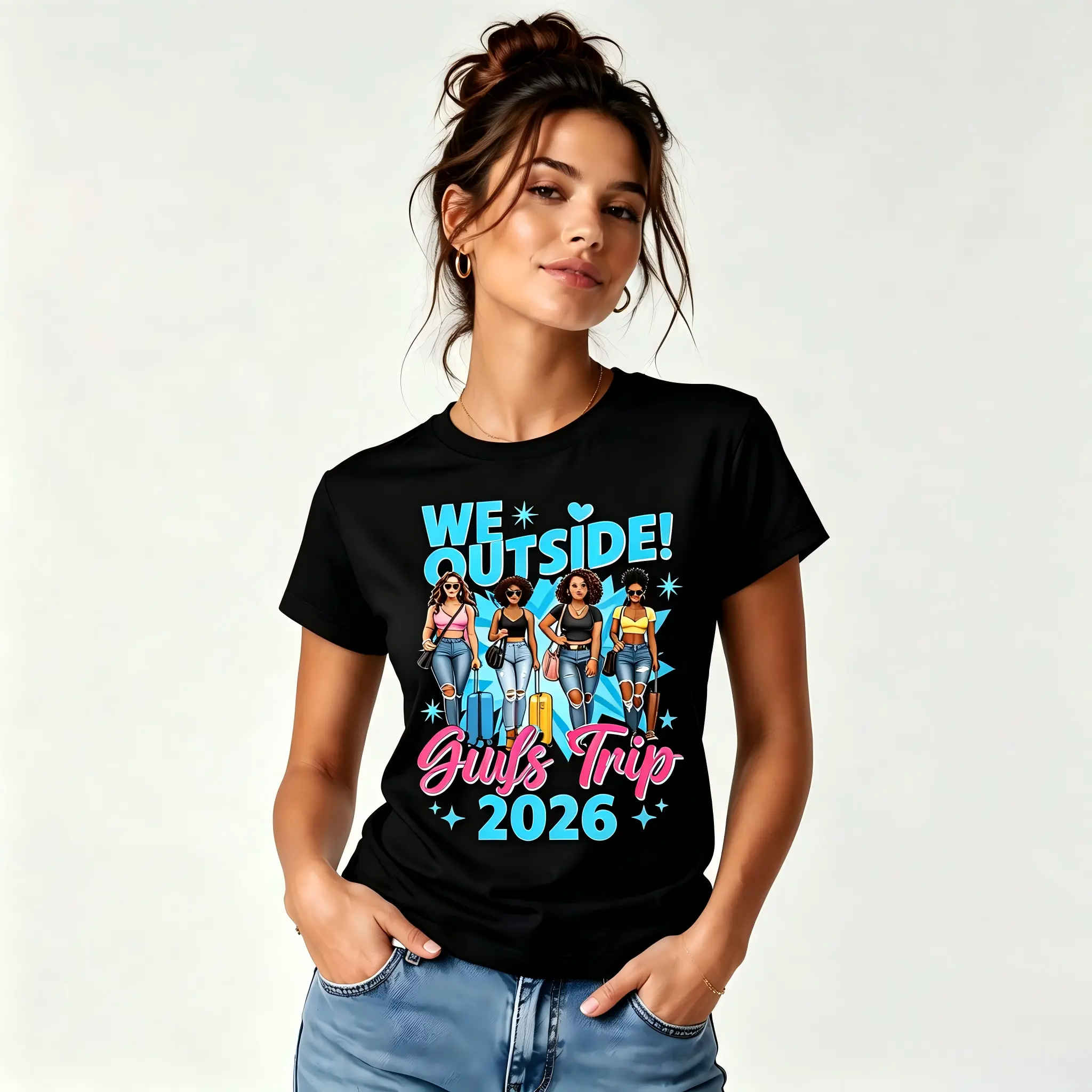 We Outside Girls Trip 2026 Multiracial Girl Squad Luggage Graphic Women Casual Vacation Outfit For Girl Besties Group Travel Tee Girls Trip Matching Top girls trip 2026 shirt best friend squad tee women vacation apparel