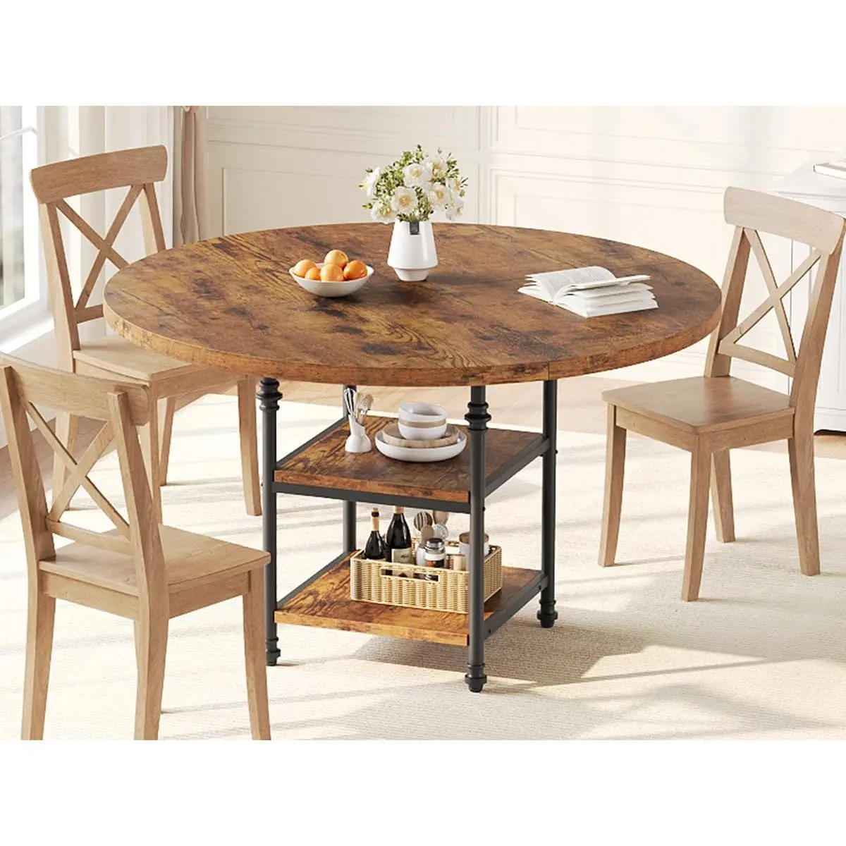 Garvee 47-inch Round Dining Table for 4 with Wooden Storage Shelves and Roman Metal Legs, Rustic Brown Finish, Perfect for Dining Room, Kitchen, or Living Room (Table Only)