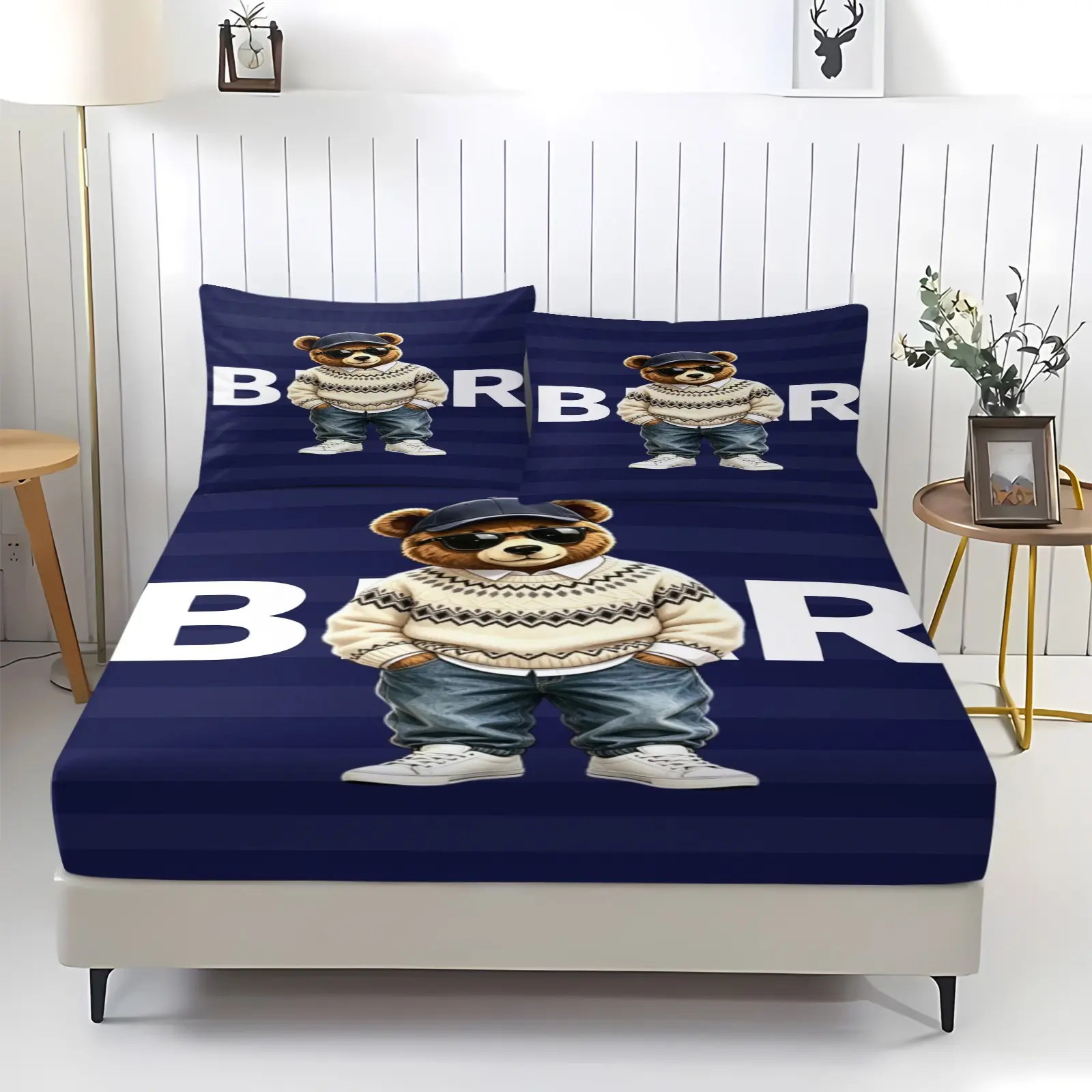 Teddy bear printed pattern bed sheet, Printed Bedding Set, including 1 bed sheet and 2 pillowcases, anti slip dust cover suitable for bedrooms and guest rooms, suitable for personal use or gift giving