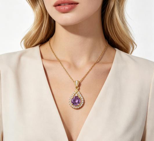 Purple Teardrop Pendant Collarbone Necklace |     Women's Fashion Versatile Necklace, Light Luxury Office Accessory, Crystal Necklace