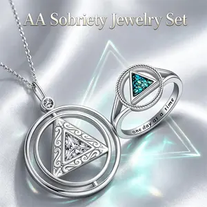 AA Sobriety Jewelry Set for Women Zinc Alloy Rotatable CZ Spinner Necklace Resin Inlaid Triangle Ring Inner Engraved One Day At A Time Alcoholics Anonymous Anti Stress Fidget Addiction Recovery Sober Anniversary Motivational Gift for Her Jewelry