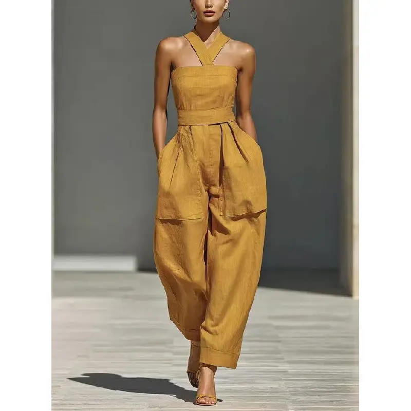 Women's Casual Linen Blend Plain Jumpsuit - Solid Mustard Cross Neck Overall, Lightweight Loose Fit Clothes for Spring Summer, Breathable, Machine Washable, Do Not Dry Clean (Sports & Outdoor Clothing Set)