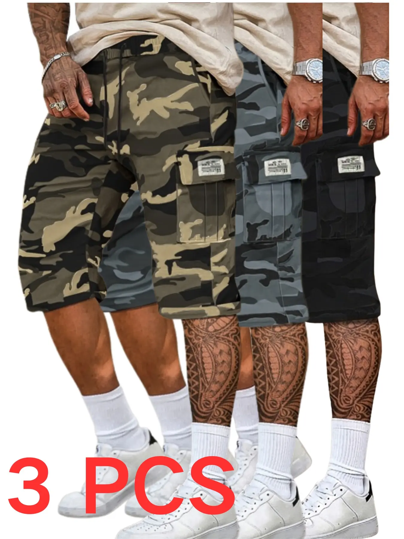 Men's Camouflage Seven-Quarter cargo shorts Set, Multi-Pocket Drawstring Waist, Loose Straight Leg, Durable Outdoor Pants, Three Colors Available