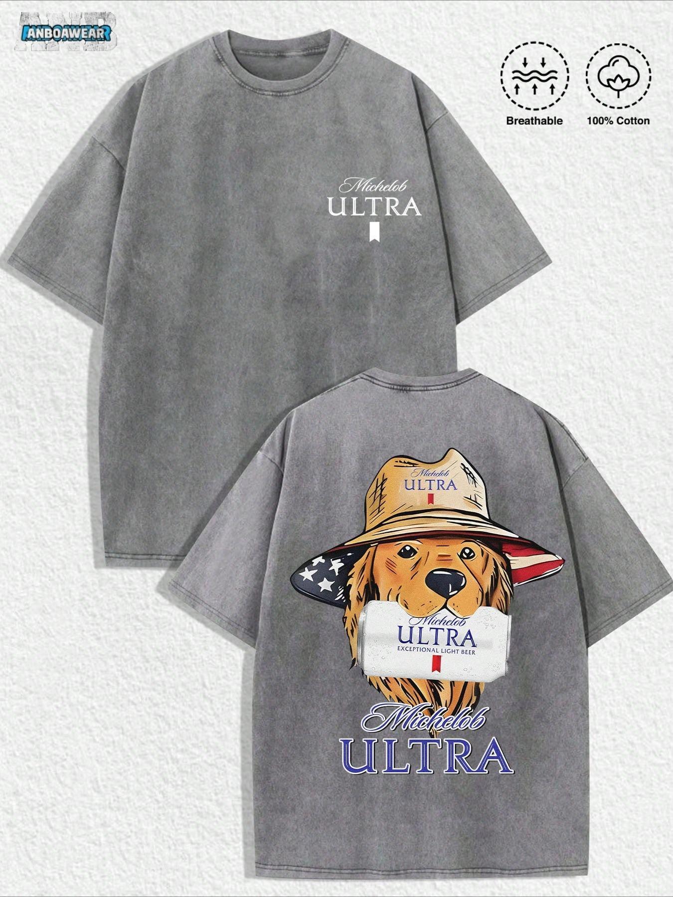 1 PCS "Michelob Ultra - American Dog" Vintage Graphic Tee Made Of 100% Breathable Cotton, Men's Round Neck Printed Short Sleeve Casual Everyday T-Shirt, They Are Excellent Gifts For Friends And Family, A Youthful And Fashionable Design, Graphic Tees Men