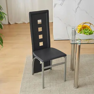 4-piece long backrest with square openwork PU leather dining chair, round tube, black seat cushion, electroplated legsDining chairs, home chairs, tin'y chairs